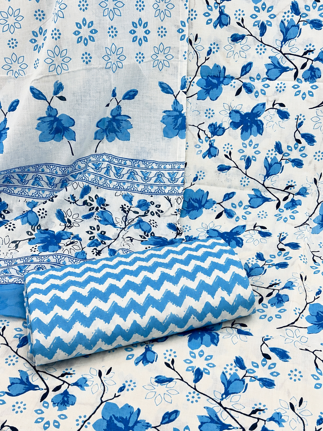 Blue Floral Printed Cotton Suit with Dupatta | Elegant Cotton Dress Material for Women