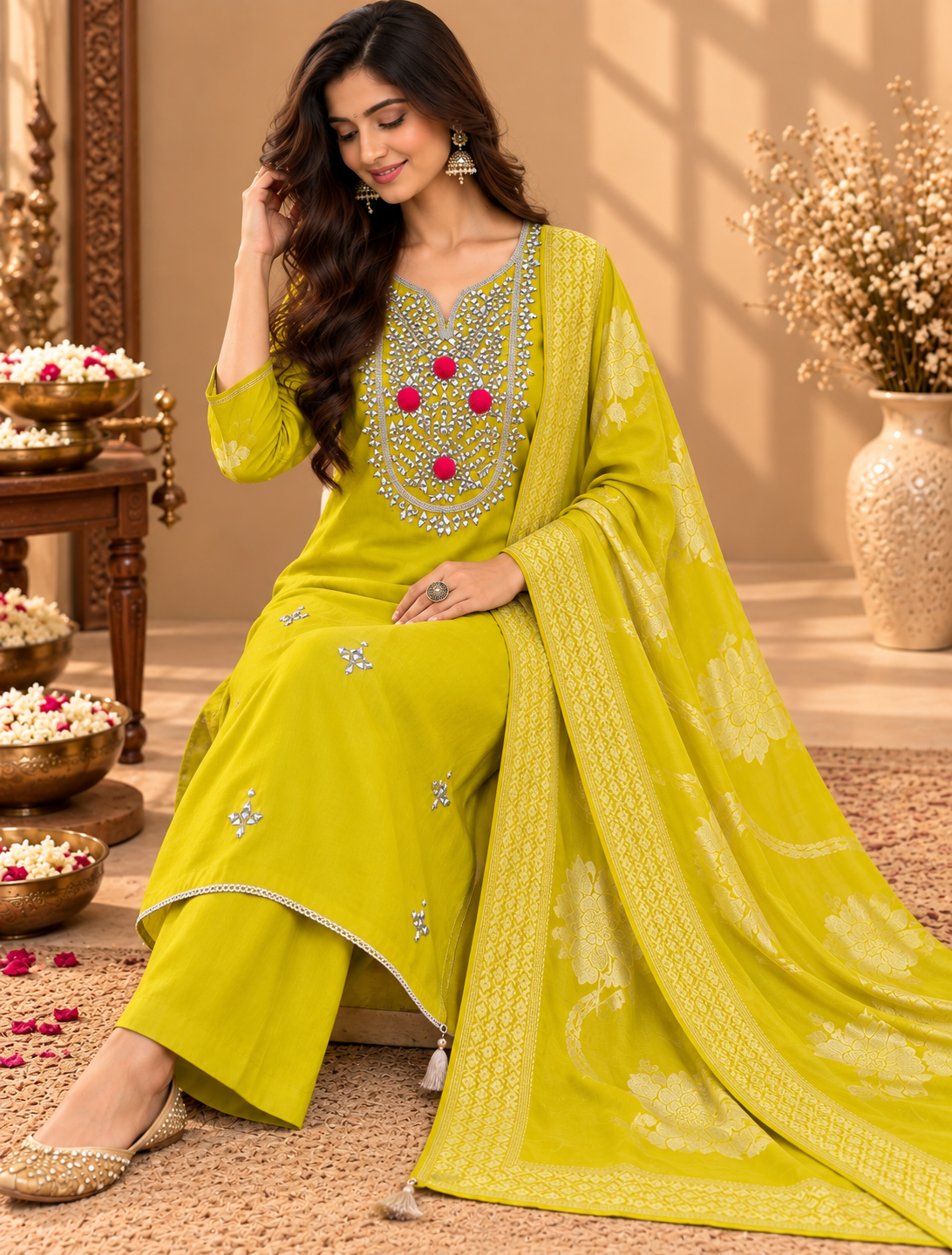 Lime Yellow Designer Unstitched Suit with Mirror Work & Floral Dupatta | Premium Ethnic Suit Set