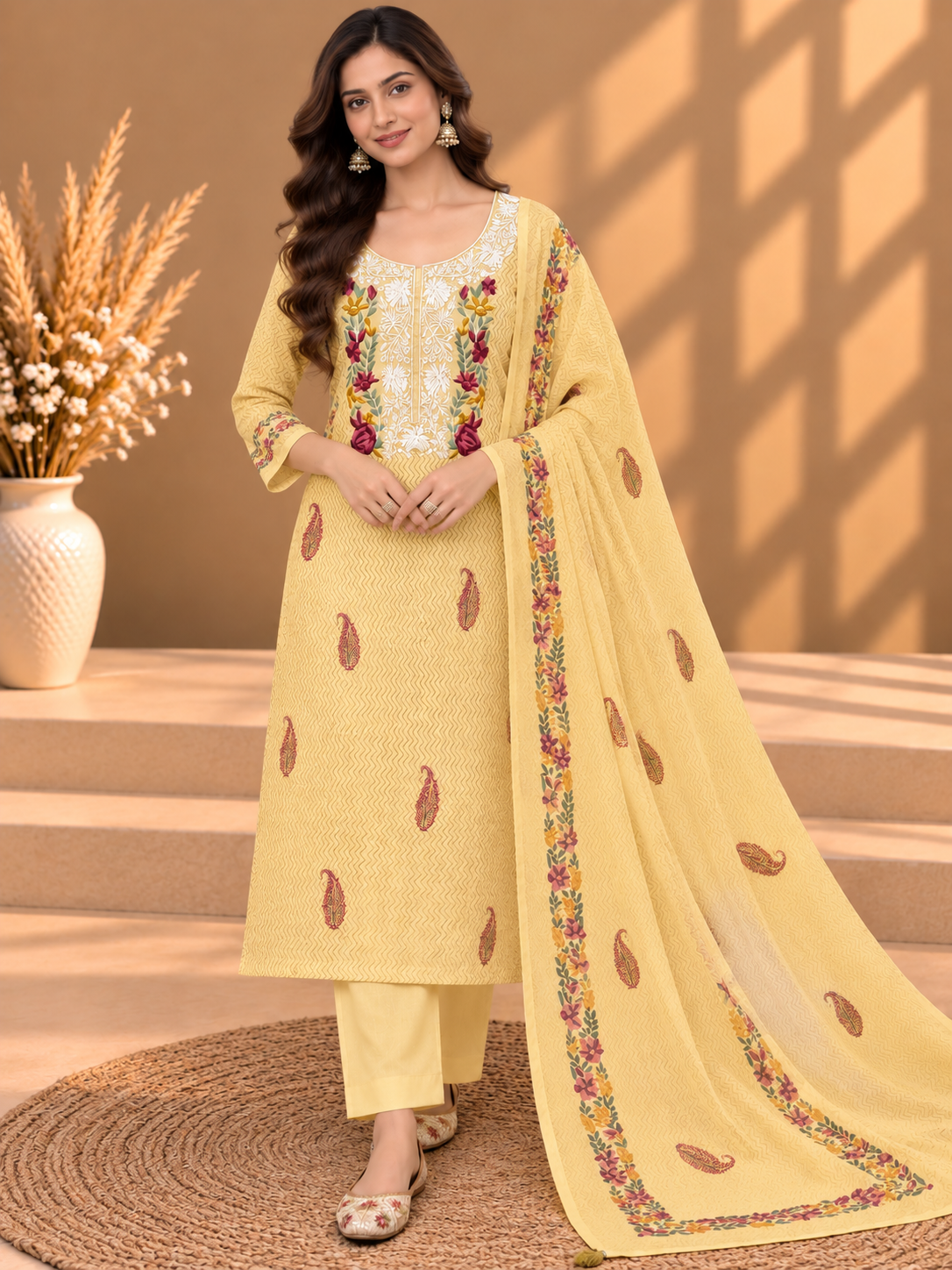 Pastel Yellow Designer Floral Embroidered Chanderi Silk Suit
