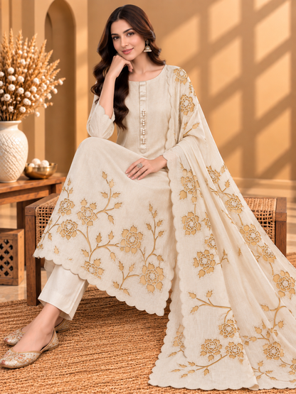 Ivory White Pure Mul Chanderi Designer Unstitched Suit with Floral Embroidery | Premium Ethnic Suit Set