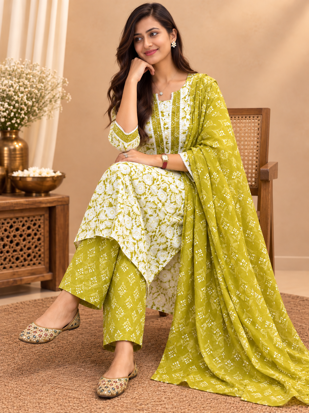 Green & White Ready Made Cotton Suit Set for Women | Floral Printed Kurta Pant with Dupatta