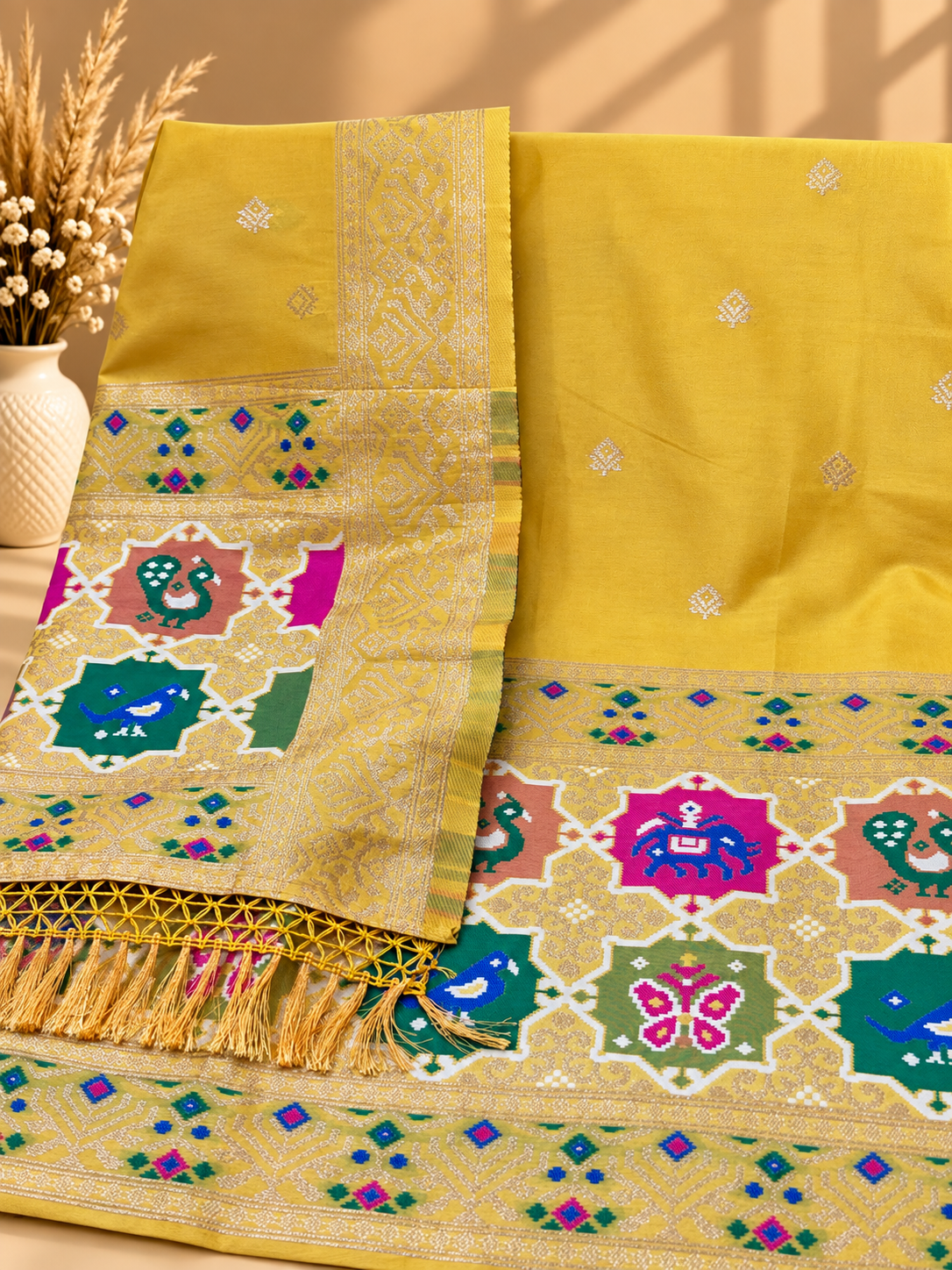 Yellow Satin Silk Unstitched Suit | Designer Ethnic Suit with Traditional Printed Dupatta