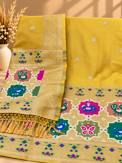 Yellow Satin Silk Unstitched Suit | Designer Ethnic Suit with Traditional Printed Dupatta