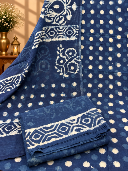 Indigo Hand Block Printed Cotton Suit with Dupatta | Traditional Indigo Print Dress Material