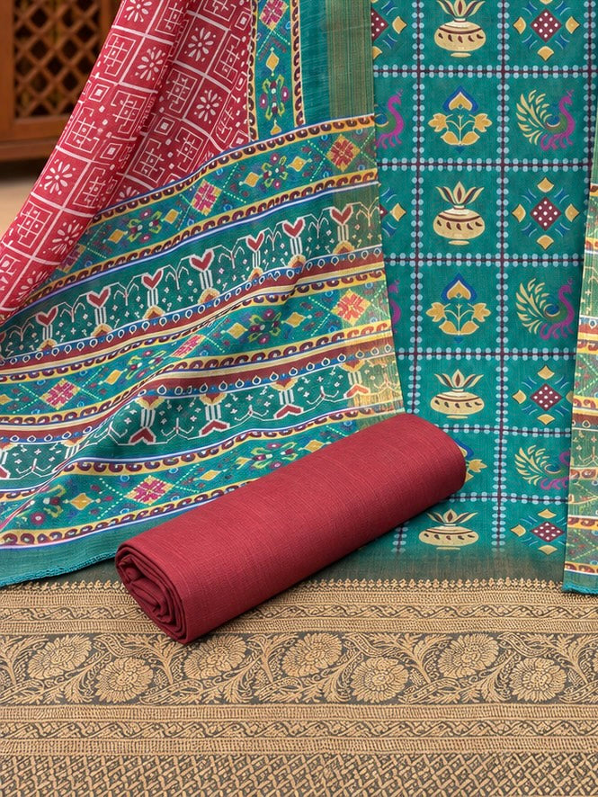 Premium Silk Blend Printed Suit Set with Designer Dupatta | Teal & Maroon Ethnic Suit for Women