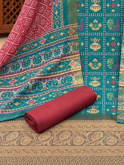 Premium Silk Blend Printed Suit Set with Designer Dupatta | Teal & Maroon Ethnic Suit for Women