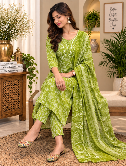 Green Readymade Cotton Suit Set for Women | Floral Printed Kurta with Dupatta