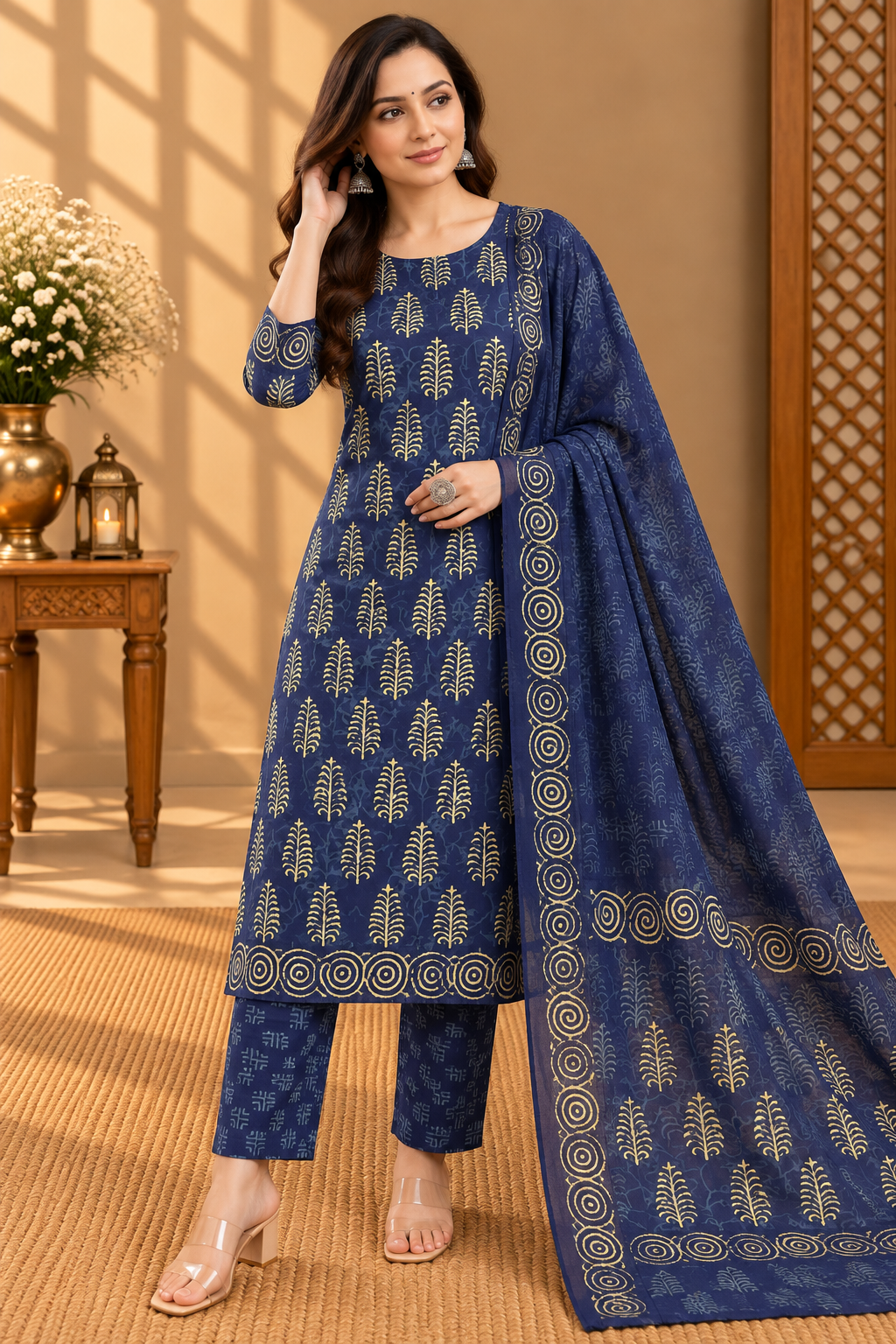 Indigo Block Printed Cotton Suit with Chiffon Dupatta | Elegant Printed Suit Set