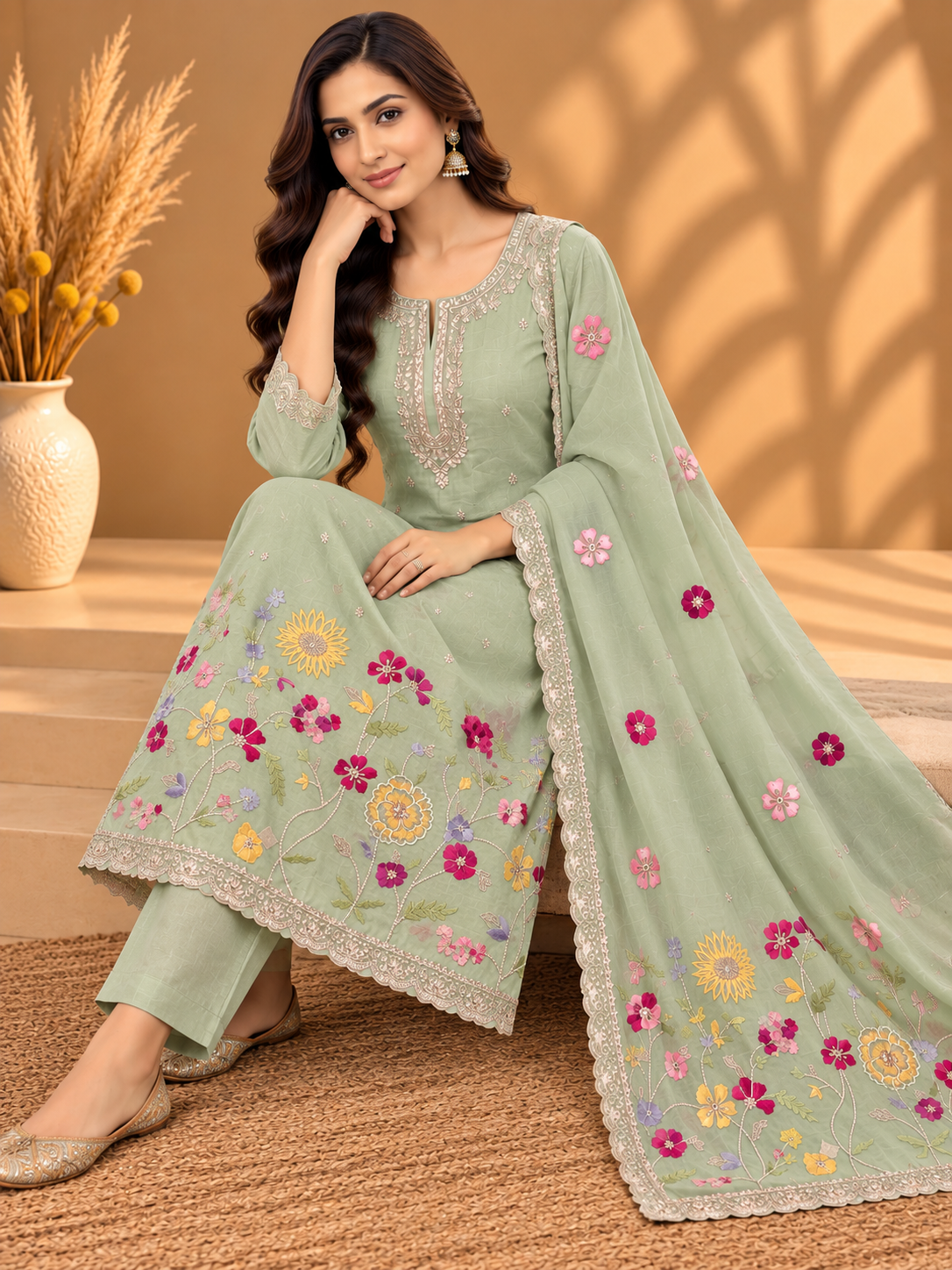 Mint Green Pure Mul Chanderi Resham Thread Embroidered Unstitched Suit | Premium Floral Designer Suit