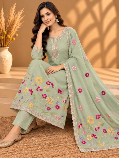 Mint Green Pure Mul Chanderi Resham Thread Embroidered Unstitched Suit | Premium Floral Designer Suit