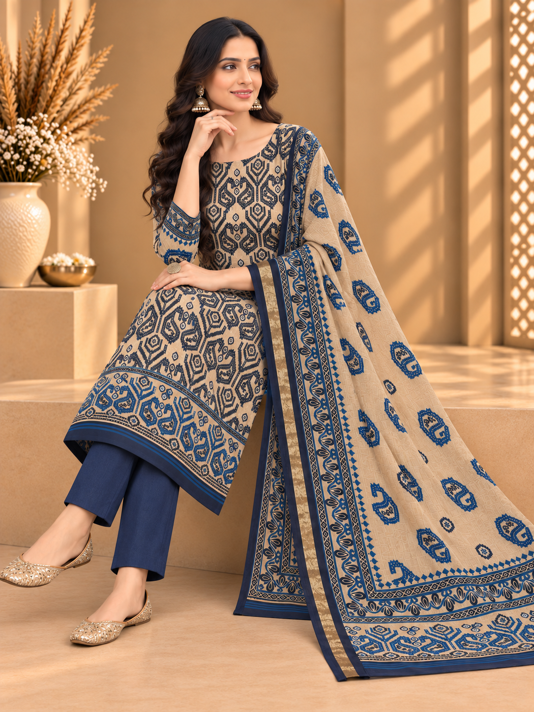 Blue & Beige Maheshwari Silk Unstitched Suit | Traditional Printed Designer Suit for Women