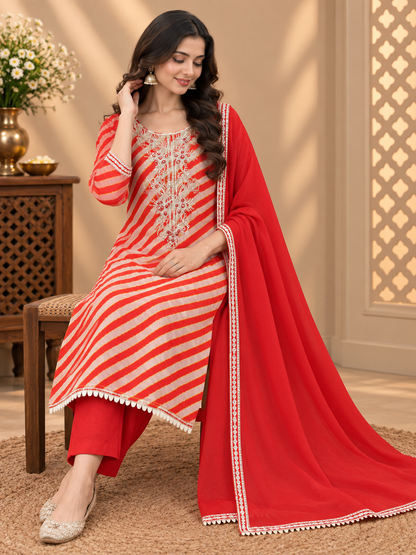 Premium Muslin Suit with Embroidered Neckline & Dupatta | Orange Printed Muslin Suit for Women