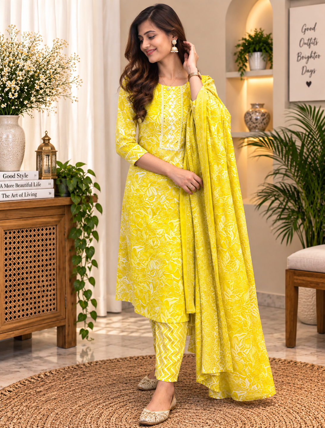 Yellow Readymade Cotton Suit Set for Women | Floral Printed Kurta with Dupatta