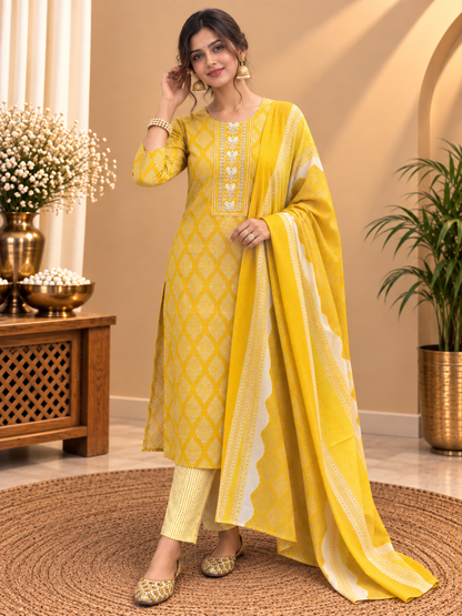 Yellow Readymade Cotton Suit Set for Women | Printed Kurta Pant with Dupatta
