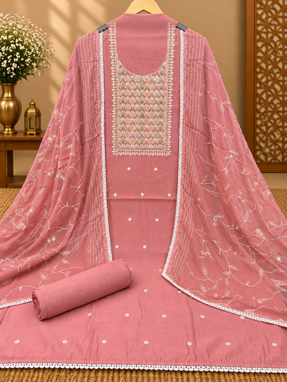 Pink Embroidered Cotton Suit Set with Chikankari-Style Work & Organza Dupatta