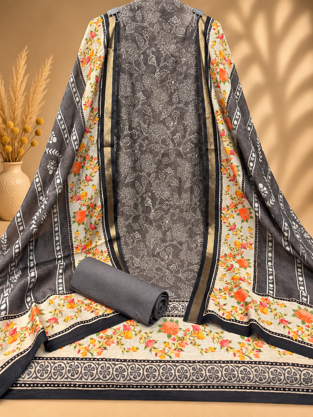 Premium Maheshwari Silk Suit with Floral Printed Design & Designer Border | Elegant Silk Suit for Women