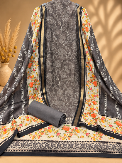 Premium Maheshwari Silk Suit with Floral Printed Design & Designer Border | Elegant Silk Suit for Women