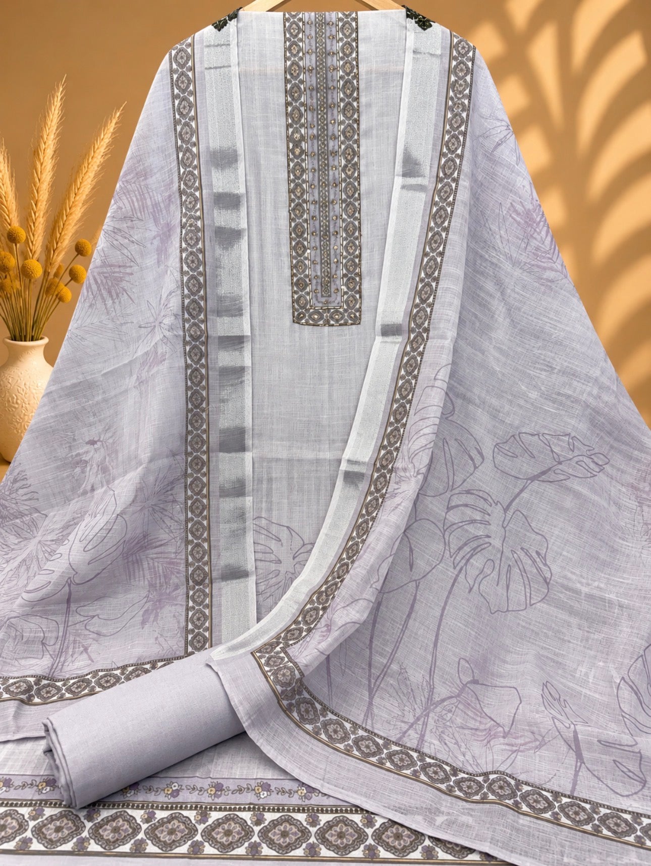 Lavender White Linen Printed Suit | Designer Linen Unstitched Suit with Floral Dupatta