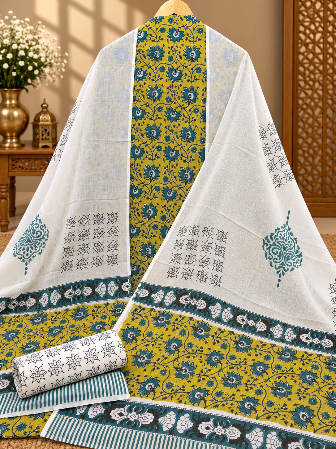 Jaipuri Block Printed Cotton Suit Set | Mustard Floral Print with Printed Dupatta