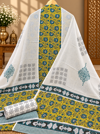Jaipuri Block Printed Cotton Suit Set | Mustard Floral Print with Printed Dupatta