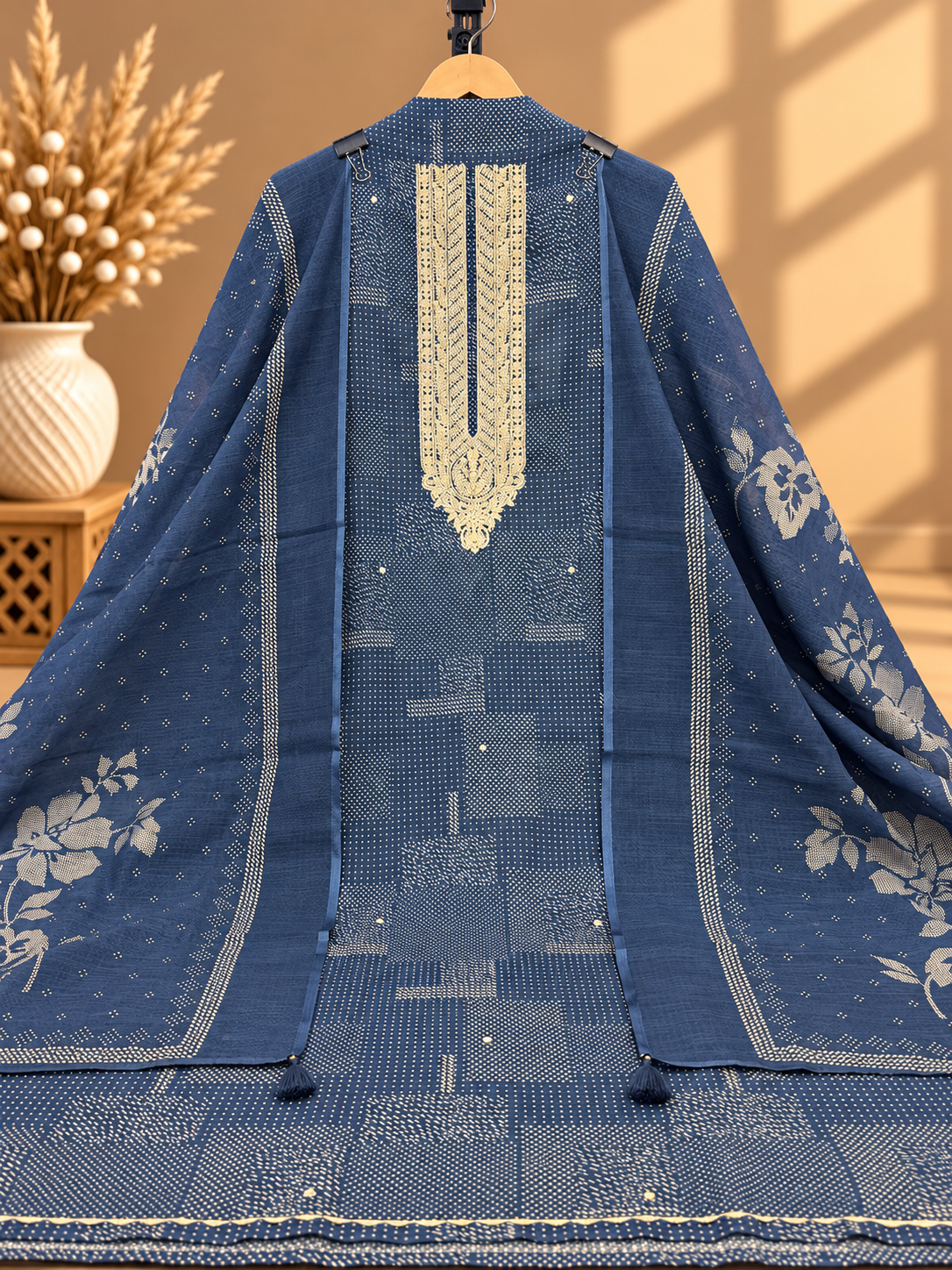 Navy Blue Linen Digital Printed Unstitched Suit with Embroidered Neckline & Dupatta | Designer Ethnic Suit