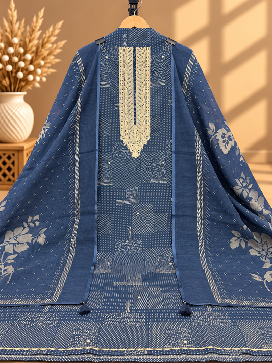 Navy Blue Linen Digital Printed Unstitched Suit with Embroidered Neckline & Dupatta | Designer Ethnic Suit
