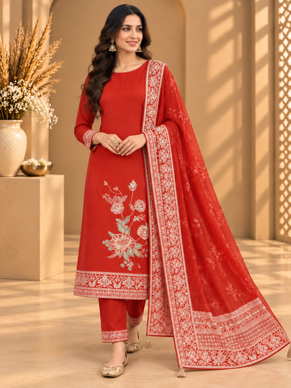 Beautiful Orange Embroidered Unstitched Suit | Floral Designer Suit for Women