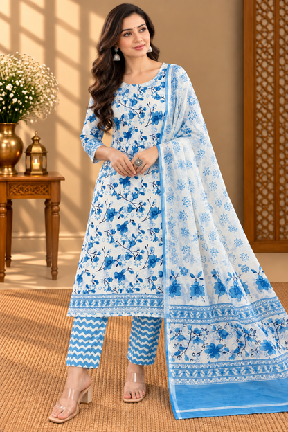 Blue Floral Printed Cotton Suit with Dupatta | Elegant Cotton Dress Material for Women