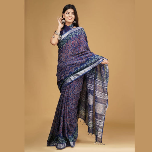 Linen Block Print Saree