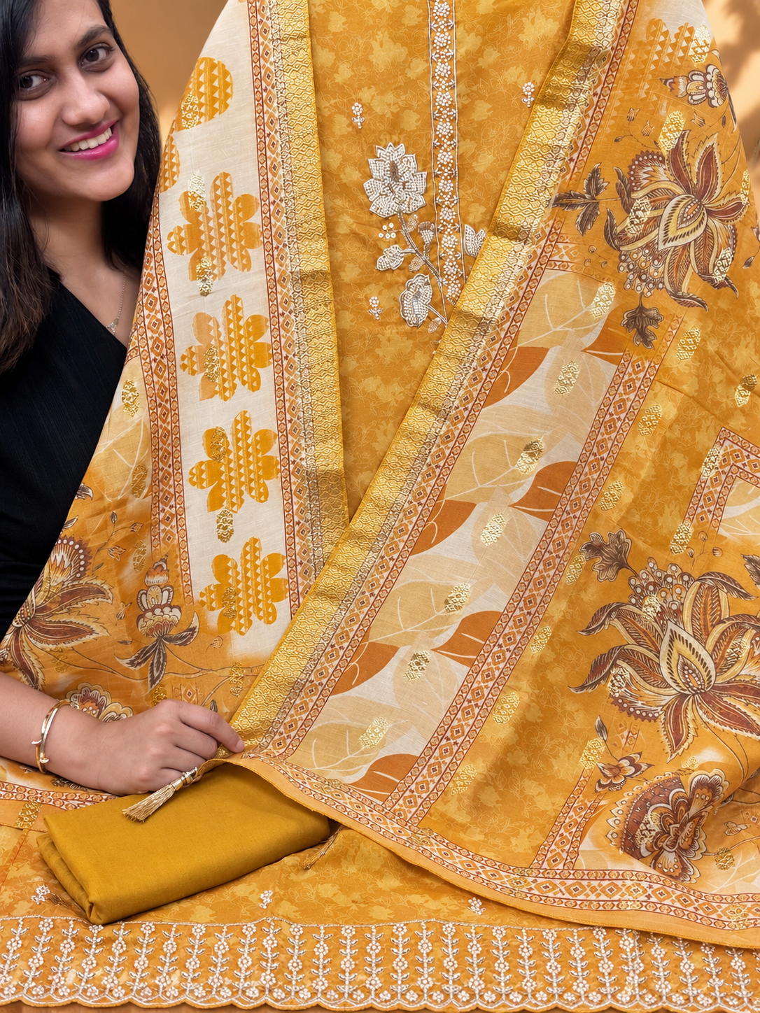 Mustard Yellow Floral Printed Embroidered Unstitched Suit for Women | Designer Ethnic Wear