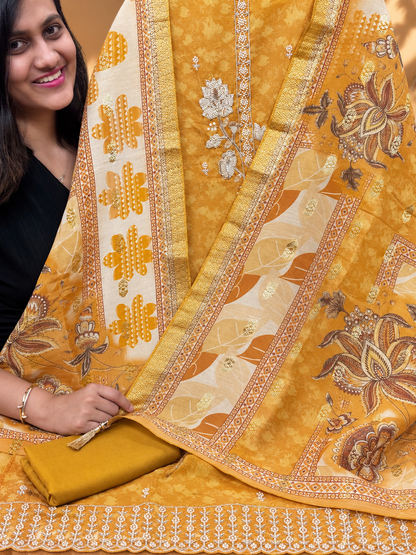 Mustard Yellow Floral Printed Embroidered Unstitched Suit for Women | Designer Ethnic Wear