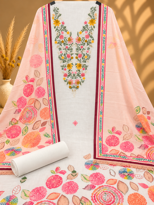 Premium White & Peach Cotton Suit with Floral Embroidery & Multicolour Print | Designer Cotton Suit for Women