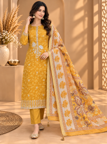 Mustard Yellow Floral Printed Embroidered Unstitched Suit for Women | Designer Ethnic Wear