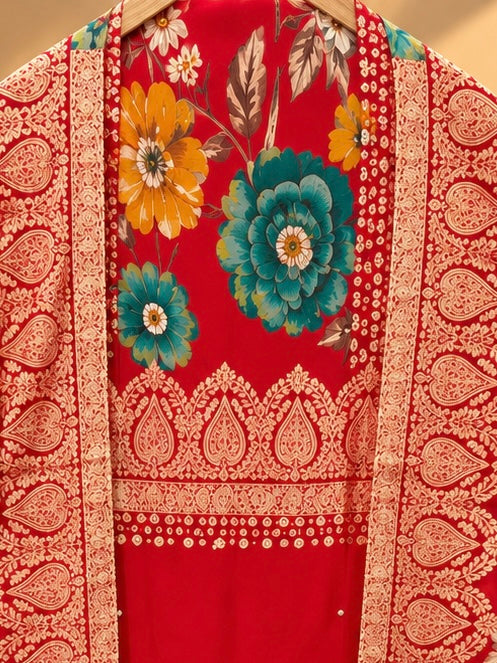 Red Modal Silk Floral Printed Unstitched Suit for Women | Designer Ethnic Wear