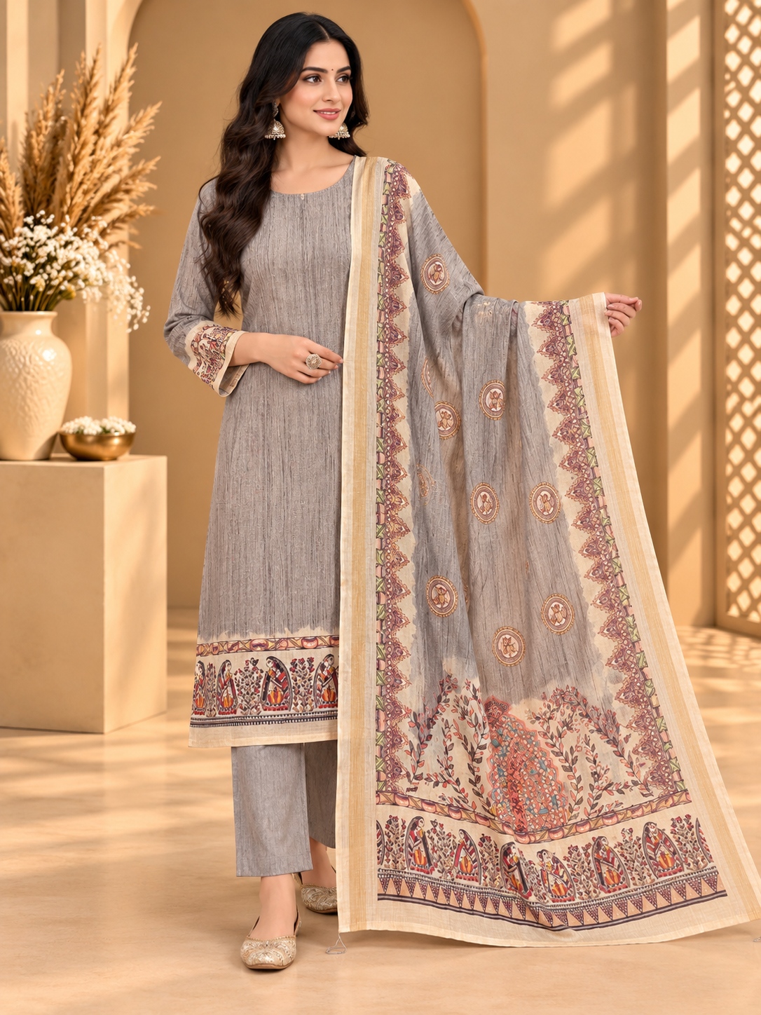 Grey Maheshwari Silk Unstitched Suit | Designer Printed Suit with Ethnic Border