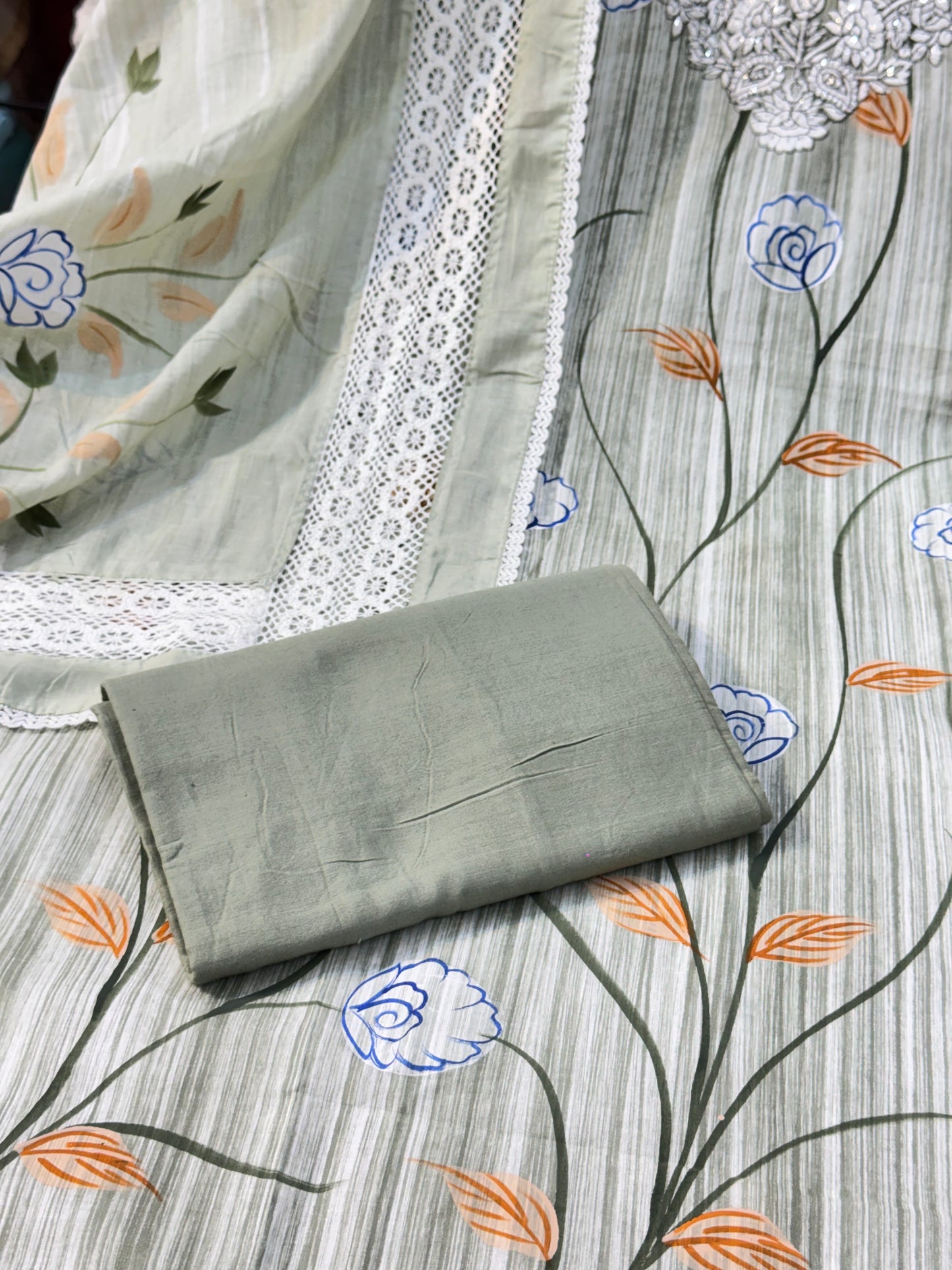 Premium Hand Painted Cotton Suit with Crochet Lace work