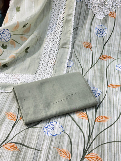 Premium Hand Painted Cotton Suit with Crochet Lace work