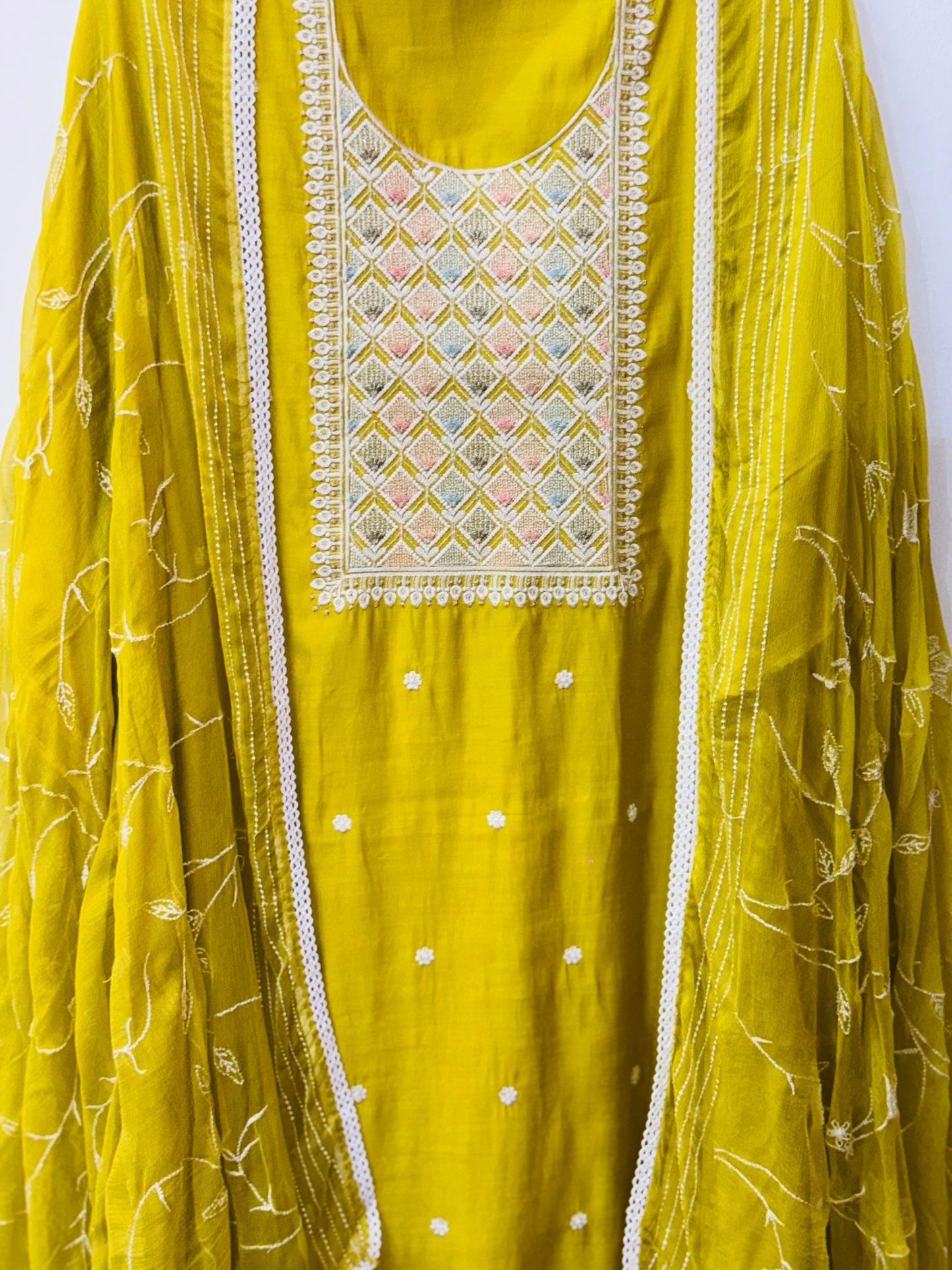 Beautiful thread work muslin suit with heavy Jaal work dupatta