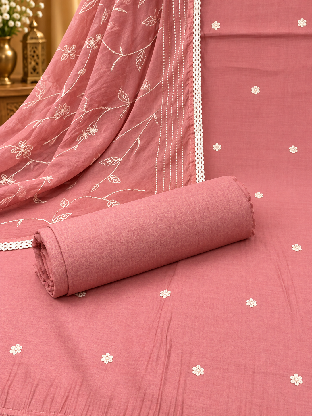 Pink Embroidered Cotton Suit Set with Chikankari-Style Work & Organza Dupatta