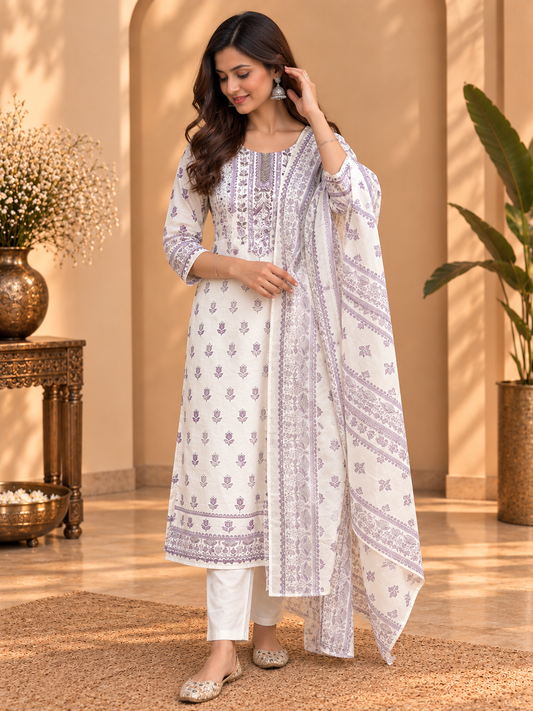 Printed Cotton Readymade Suit Set for Women | Floral Kurta with Dupatta