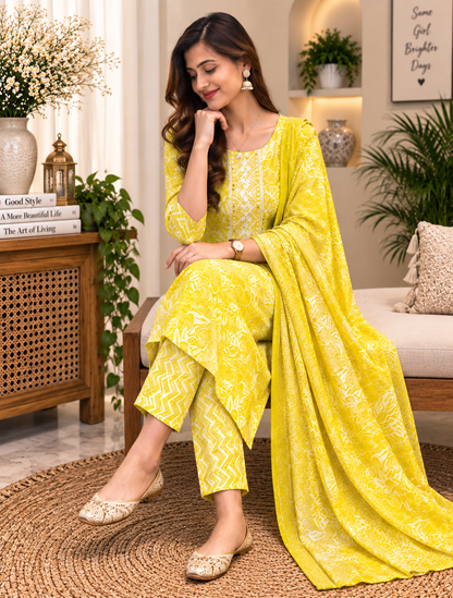 Yellow Readymade Cotton Suit Set for Women | Floral Printed Kurta with Dupatta