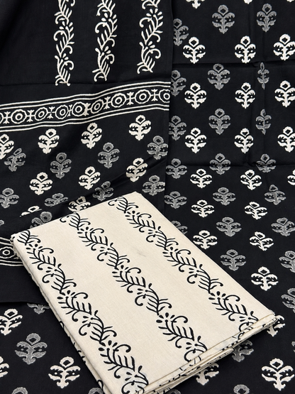 Black & White Jaipuri Hand Block Printed Cotton Suit Set | Traditional Floral Print Dress Material