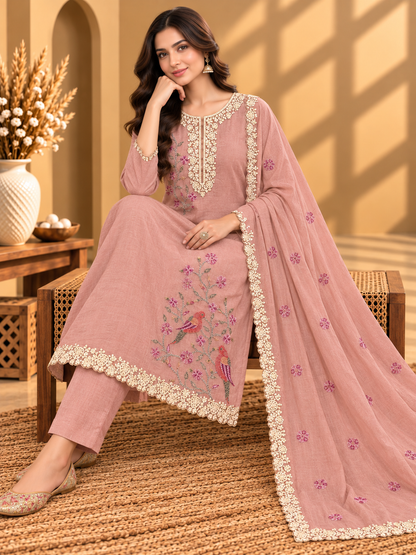Peach Pure Mul Chanderi Designer Unstitched Suit with Floral Embroidery & Bird Motifs | Premium Ethnic Suit Set