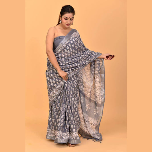 Linen Block Printed Saree