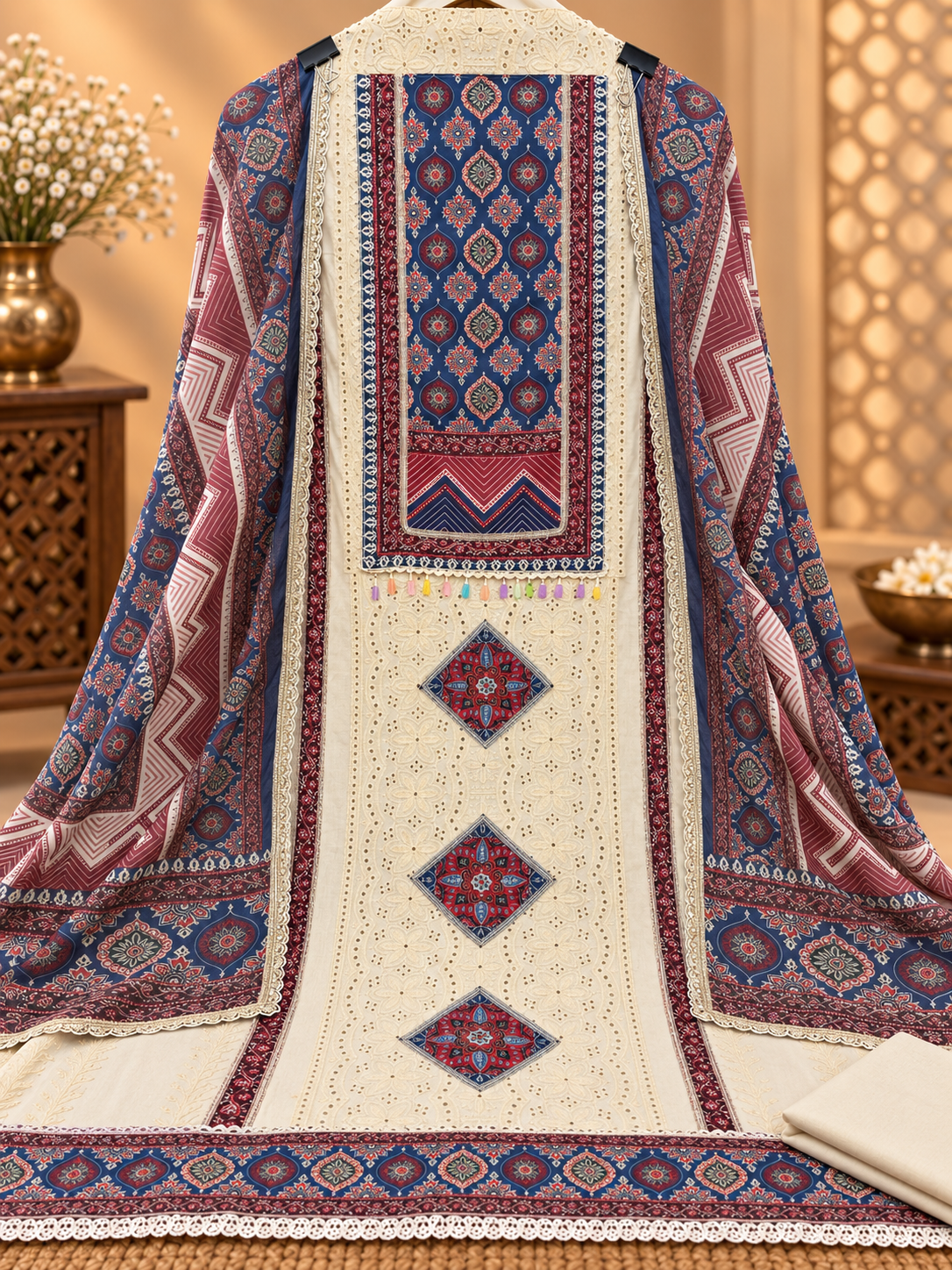 Premium Cotton Hakoba Suit with Ethnic Print, Designer Lace & Embroidered Detailing | Cotton Suit Set for Women