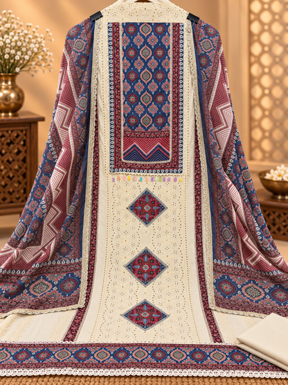 Premium Cotton Hakoba Suit with Ethnic Print, Designer Lace & Embroidered Detailing | Cotton Suit Set for Women