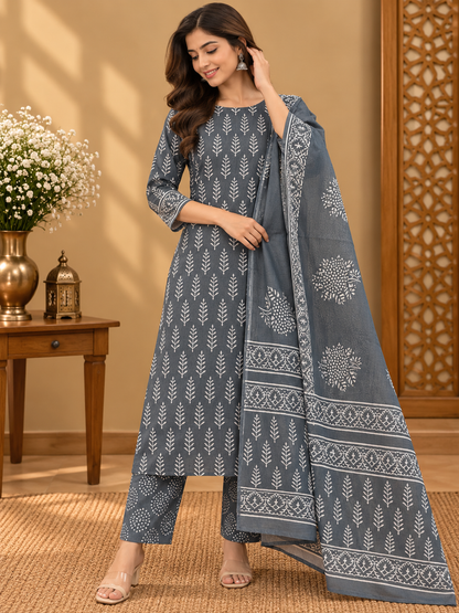 Jaipuri Block Printed Cotton Suit Set | Grey & White Hand Block Print Dress Material