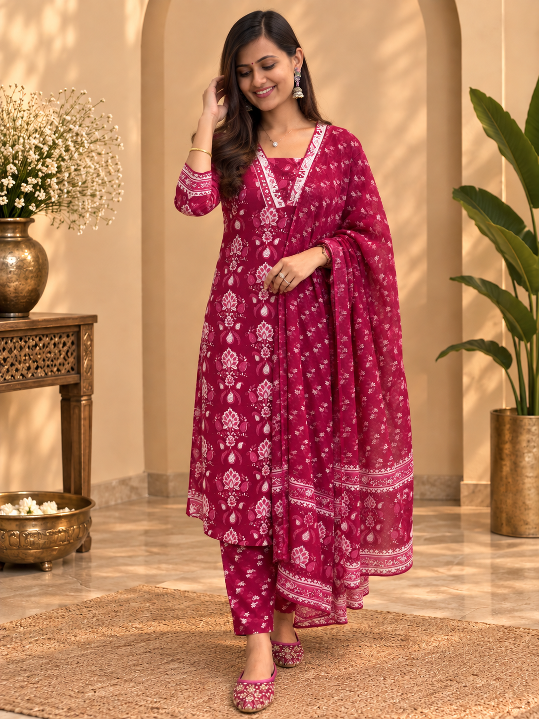 Printed Cotton Readymade Suit Set for Women | Floral Cotton Kurta with Dupatta