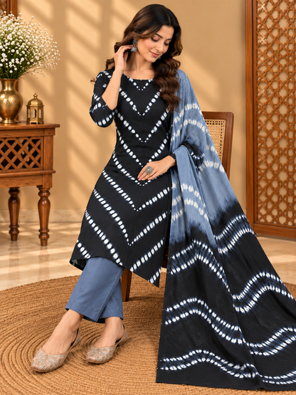 Premium Tie-Dye Cotton Suit Set | Black & Grey Shibori Printed Cotton Suit for Women