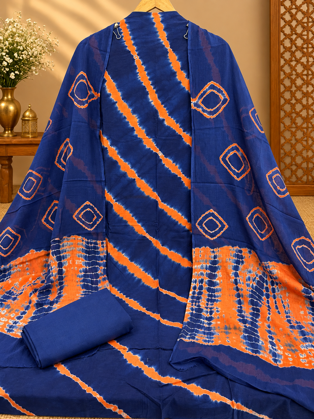 Premium Shibori Print Cotton Suit Set | Blue & Orange Tie-Dye Printed Suit for Women